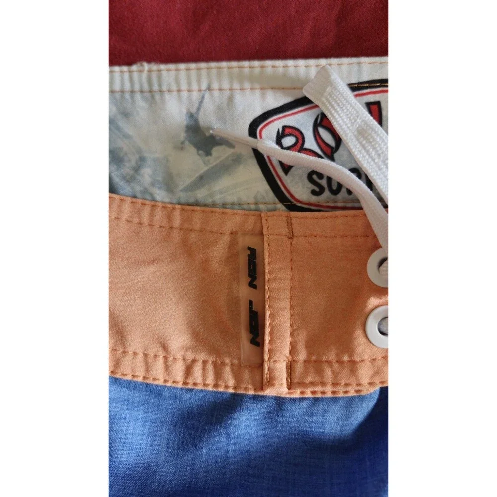 Ron Jon Surf Shorts Men 34 Blue Peach Beach Graphic Hawaiian Floral Zip Pocket - Picture 6 of 10